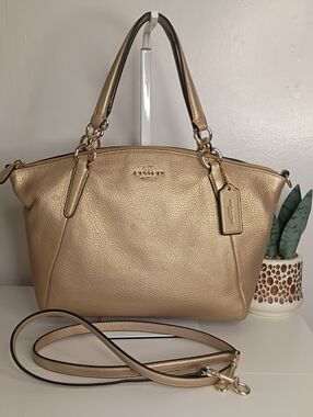 Coach Mini Kelsey Satchel featuring a metallic beige pebbled leather f36675